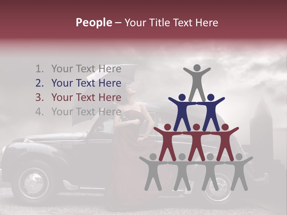 A Woman In A Red Dress Standing Next To A Car With An Umbrella PowerPoint Template