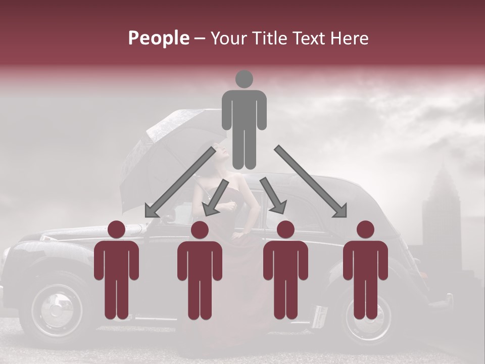 A Woman In A Red Dress Standing Next To A Car With An Umbrella PowerPoint Template