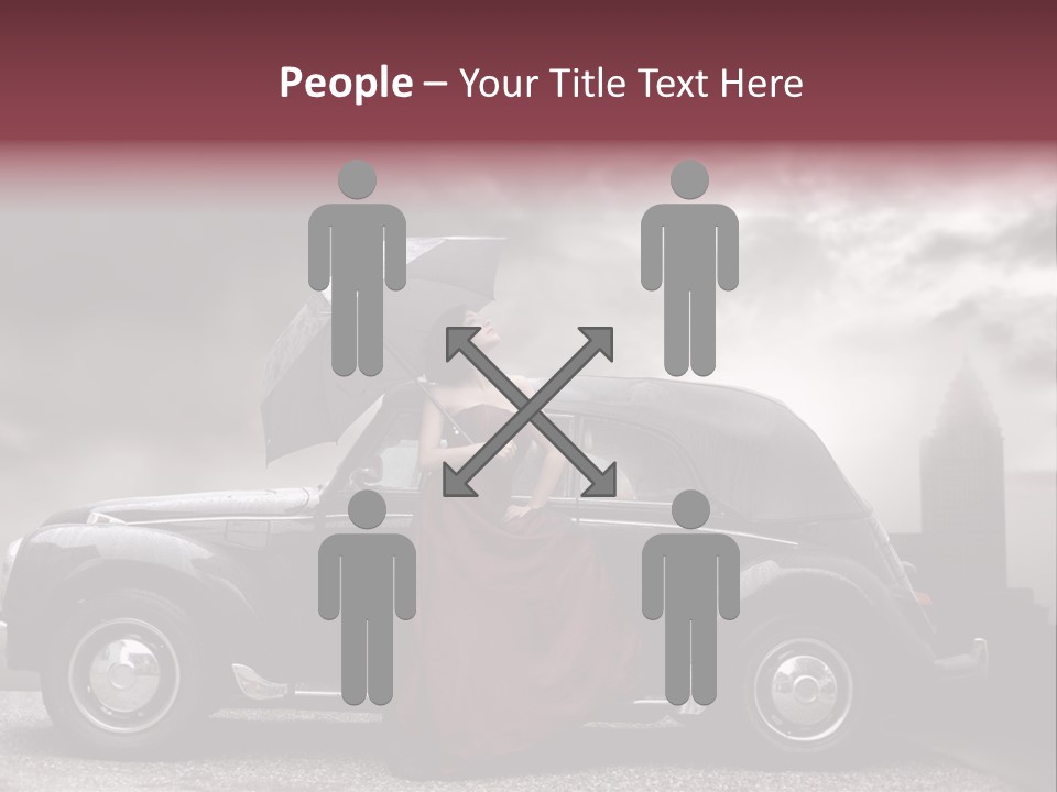 A Woman In A Red Dress Standing Next To A Car With An Umbrella PowerPoint Template