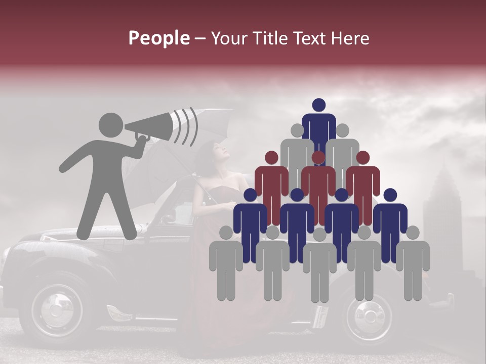 A Woman In A Red Dress Standing Next To A Car With An Umbrella PowerPoint Template