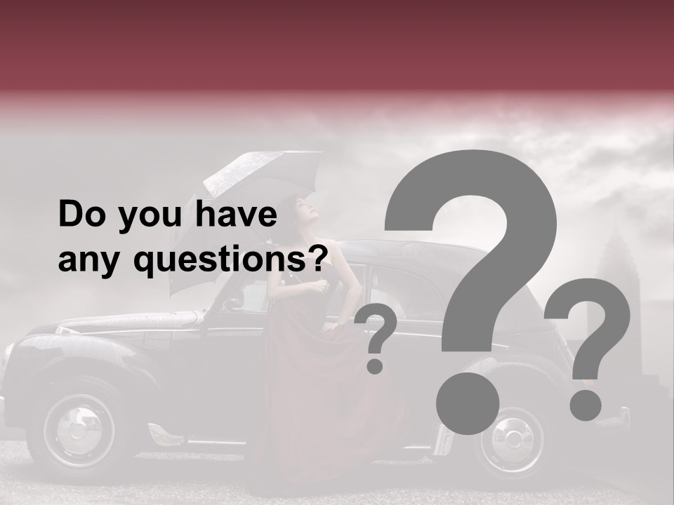 A Woman In A Red Dress Standing Next To A Car With An Umbrella PowerPoint Template