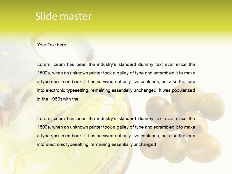 A Bottle Of Olive Oil Next To Some Olives PowerPoint Template