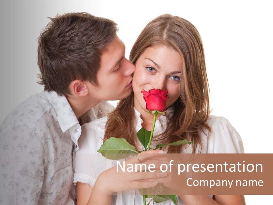 A Man Kissing A Woman With A Rose In Her Mouth PowerPoint Template