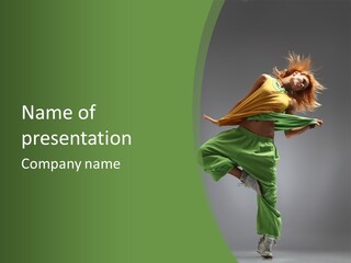 A Woman In Green Pants And A Yellow Shirt Is Dancing PowerPoint Template