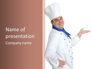 A Man In A Chef's Hat Is Pointing At Something PowerPoint Template