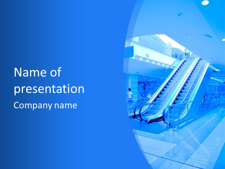 An Escalator In A Building With A Blue Background PowerPoint Template