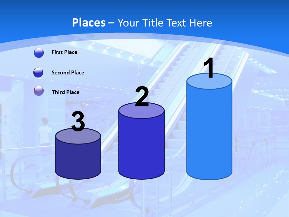 An Escalator In A Building With A Blue Background PowerPoint Template