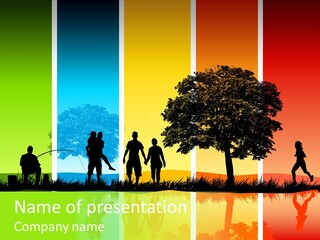 A Group Of People Walking In Front Of A Tree PowerPoint Template