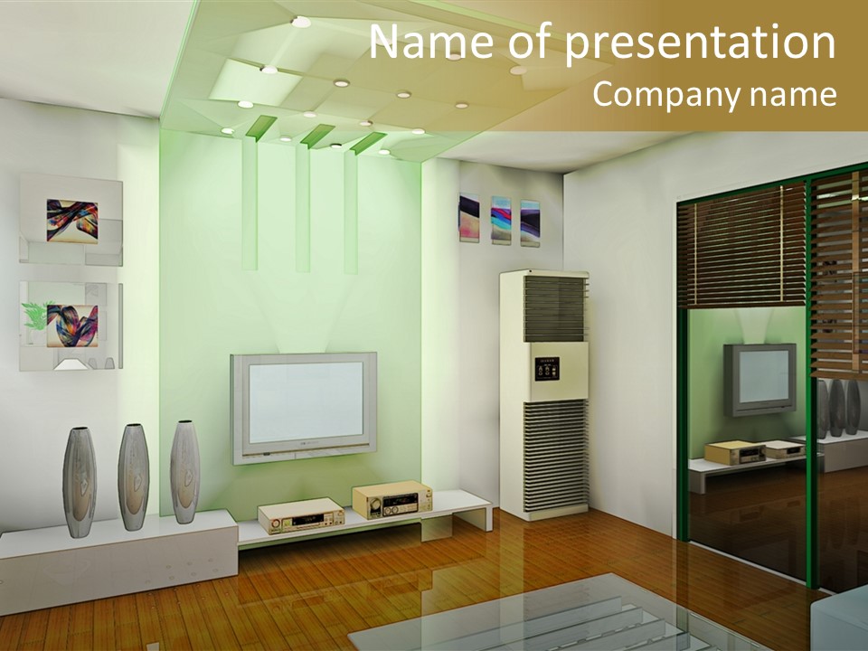 A Living Room With A Television And A Table PowerPoint Template