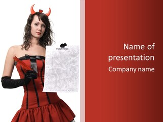 A Woman In A Devil Costume Holding A Piece Of Paper PowerPoint Template