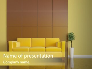 A Living Room With A Yellow Couch And A Potted Plant PowerPoint Template
