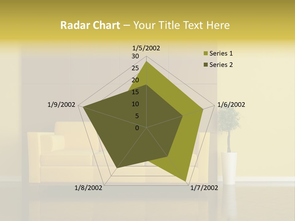 A Living Room With A Yellow Couch And A Potted Plant PowerPoint Template