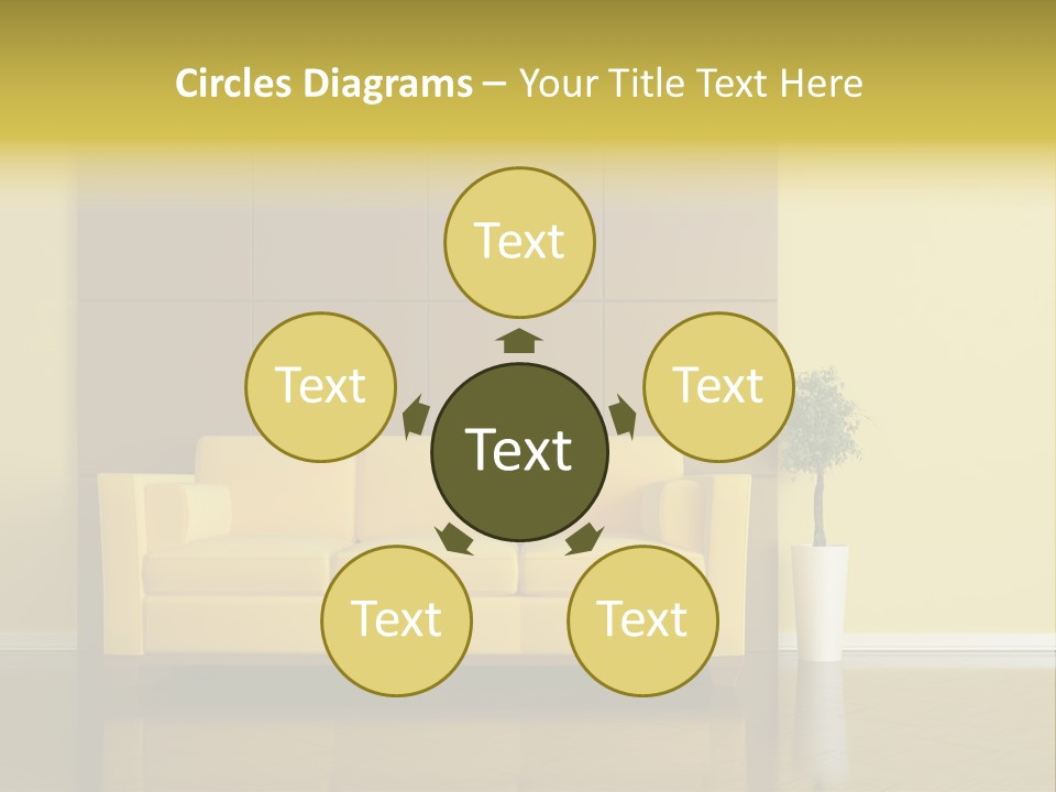 A Living Room With A Yellow Couch And A Potted Plant PowerPoint Template