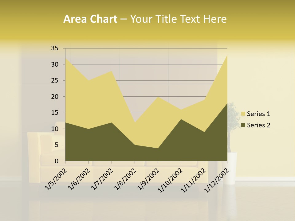 A Living Room With A Yellow Couch And A Potted Plant PowerPoint Template