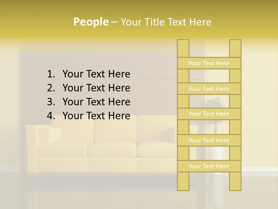 A Living Room With A Yellow Couch And A Potted Plant PowerPoint Template