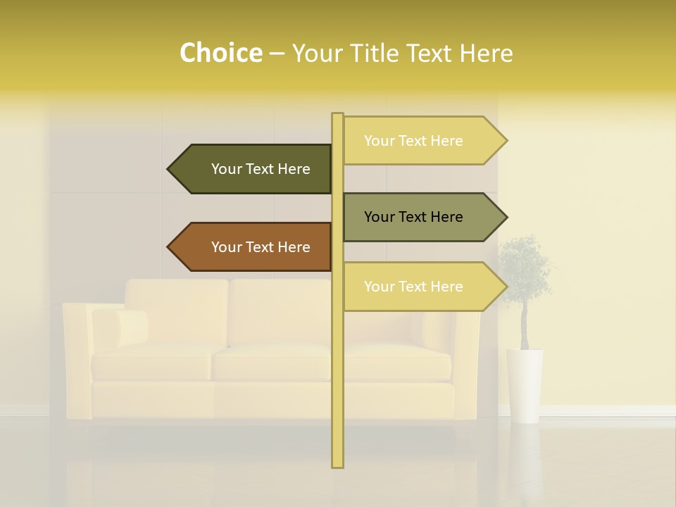 A Living Room With A Yellow Couch And A Potted Plant PowerPoint Template