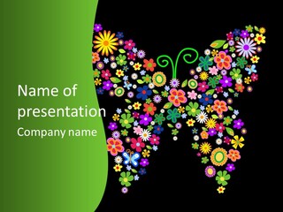 A Colorful Butterfly Made Up Of Flowers On A Black Background PowerPoint Template