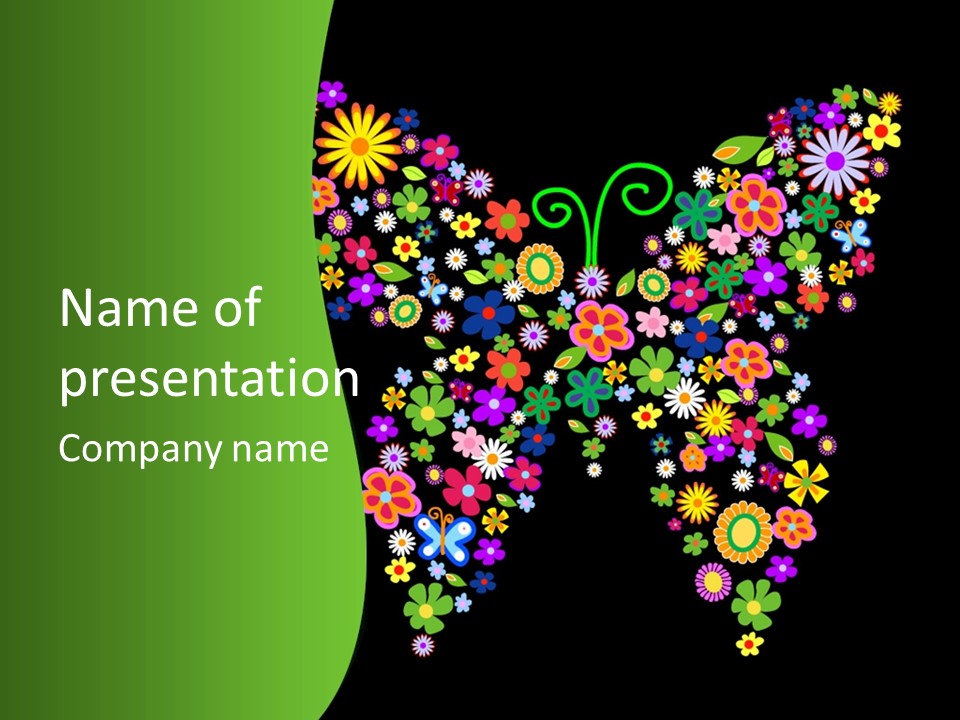 A Colorful Butterfly Made Up Of Flowers On A Black Background PowerPoint Template