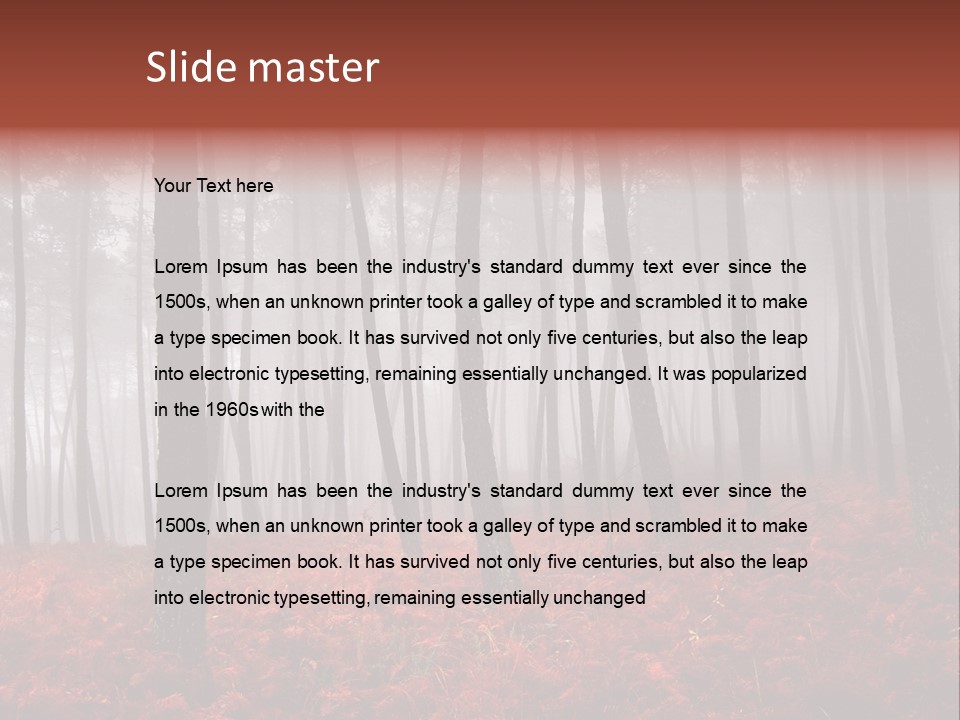 A Foggy Forest With Red Leaves On The Ground PowerPoint Template