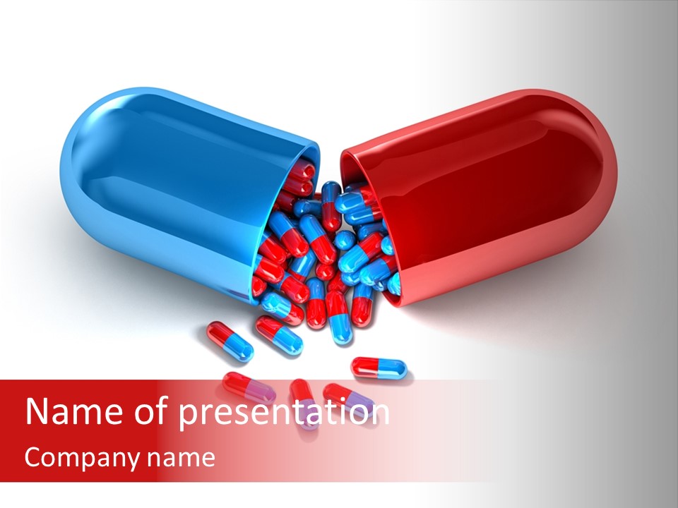 A Blue And Red Pill Pill With Red And Blue Pills Spilling Out Of It PowerPoint Template