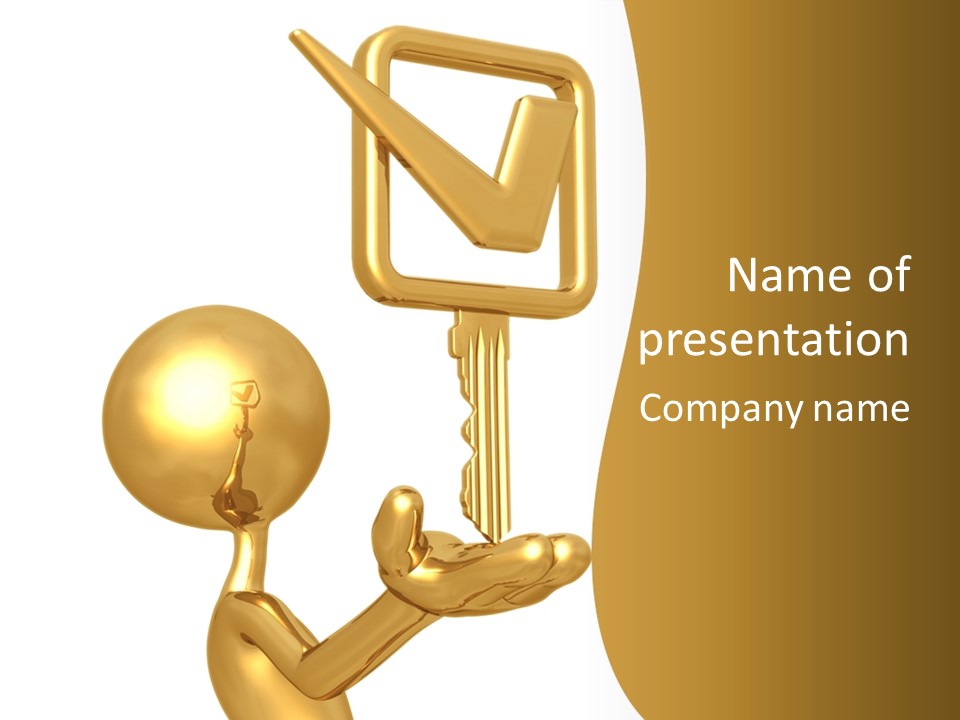 A Person Holding A Golden Key With A Check Mark On It PowerPoint Template