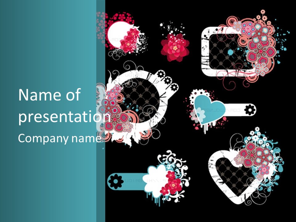 A Black And Blue Background With Hearts And Flowers PowerPoint Template