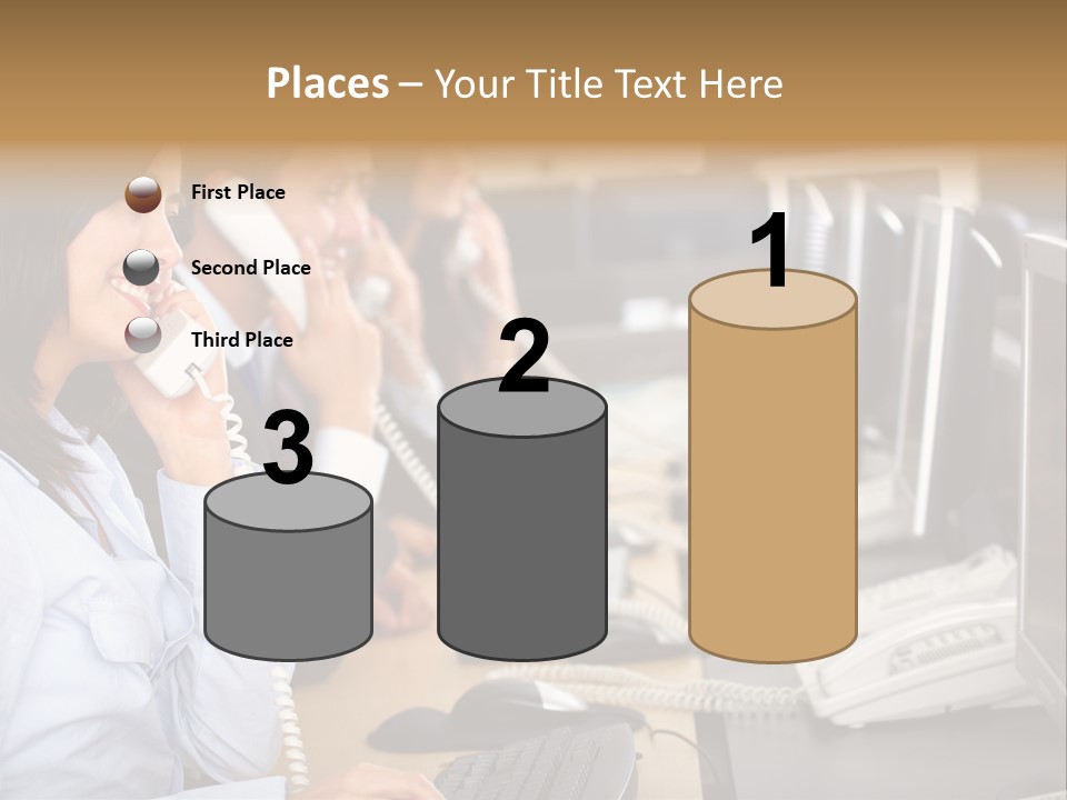 A Group Of People Sitting At A Desk Talking On Telephones PowerPoint Template