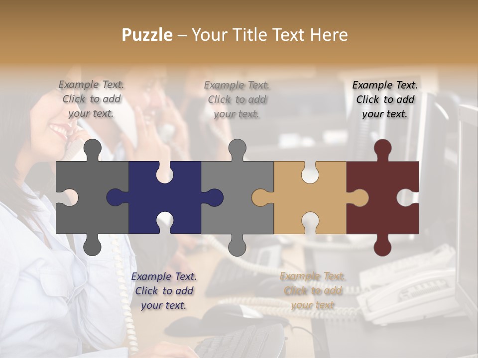 A Group Of People Sitting At A Desk Talking On Telephones PowerPoint Template