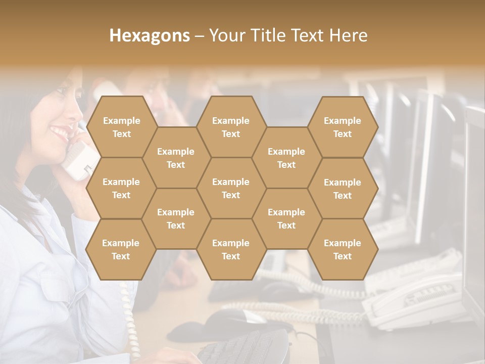 A Group Of People Sitting At A Desk Talking On Telephones PowerPoint Template