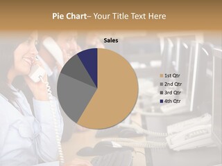 A Group Of People Sitting At A Desk Talking On Telephones PowerPoint Template