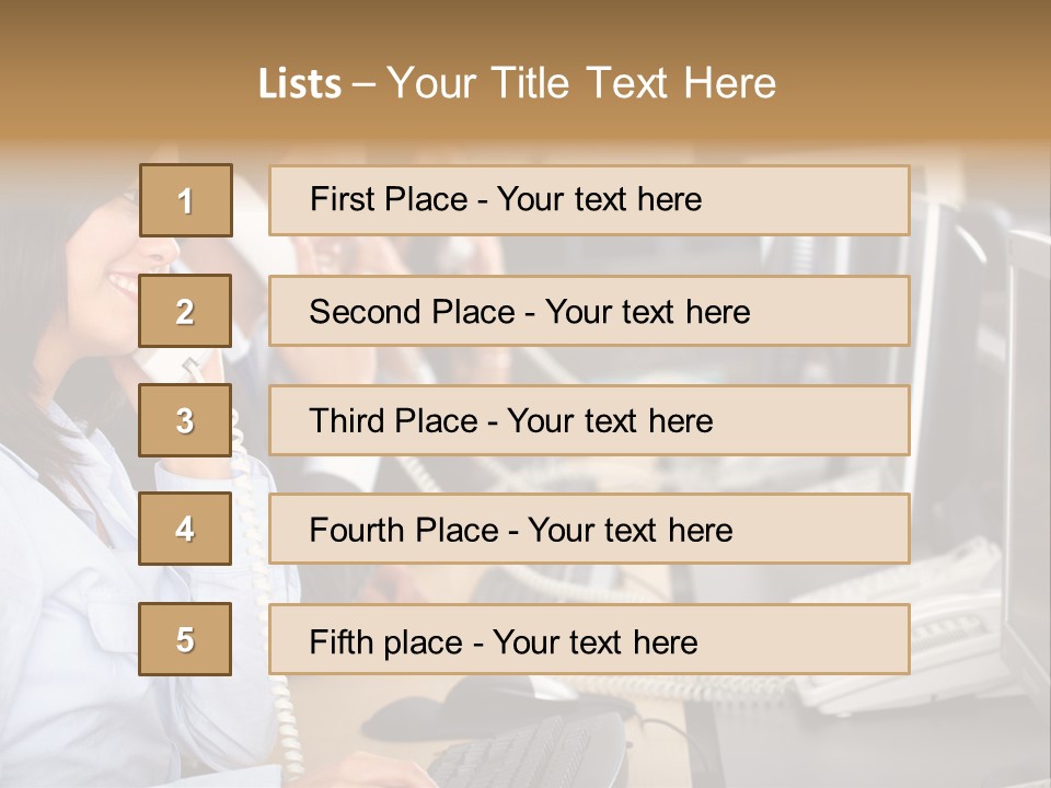 A Group Of People Sitting At A Desk Talking On Telephones PowerPoint Template
