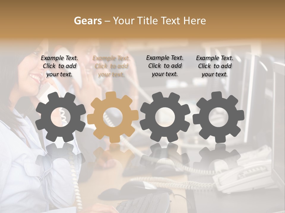 A Group Of People Sitting At A Desk Talking On Telephones PowerPoint Template
