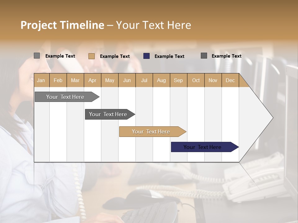 A Group Of People Sitting At A Desk Talking On Telephones PowerPoint Template