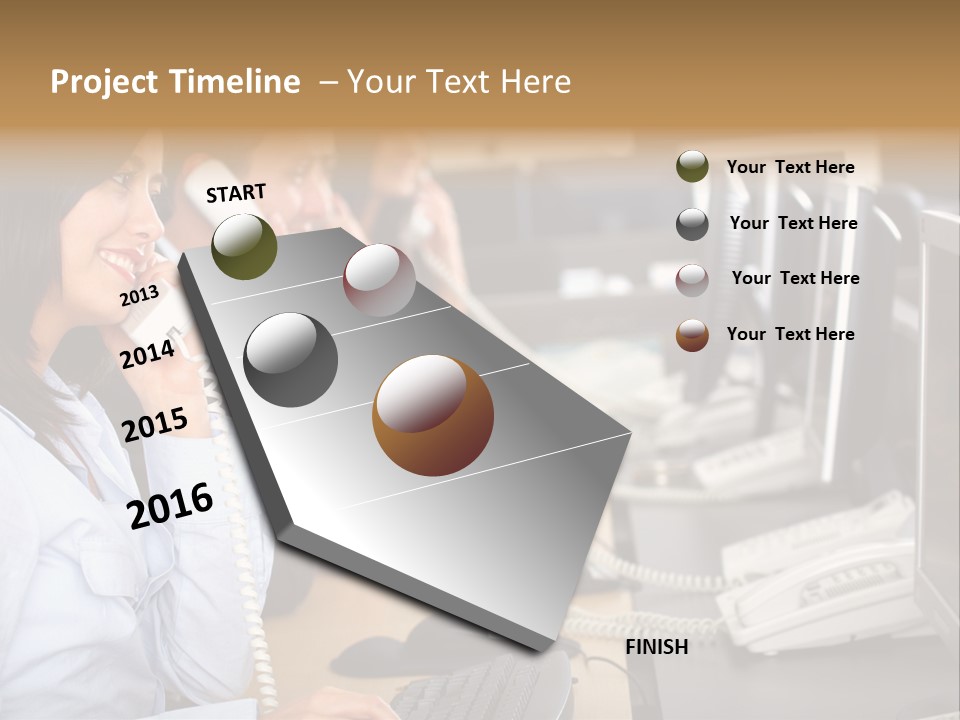 A Group Of People Sitting At A Desk Talking On Telephones PowerPoint Template