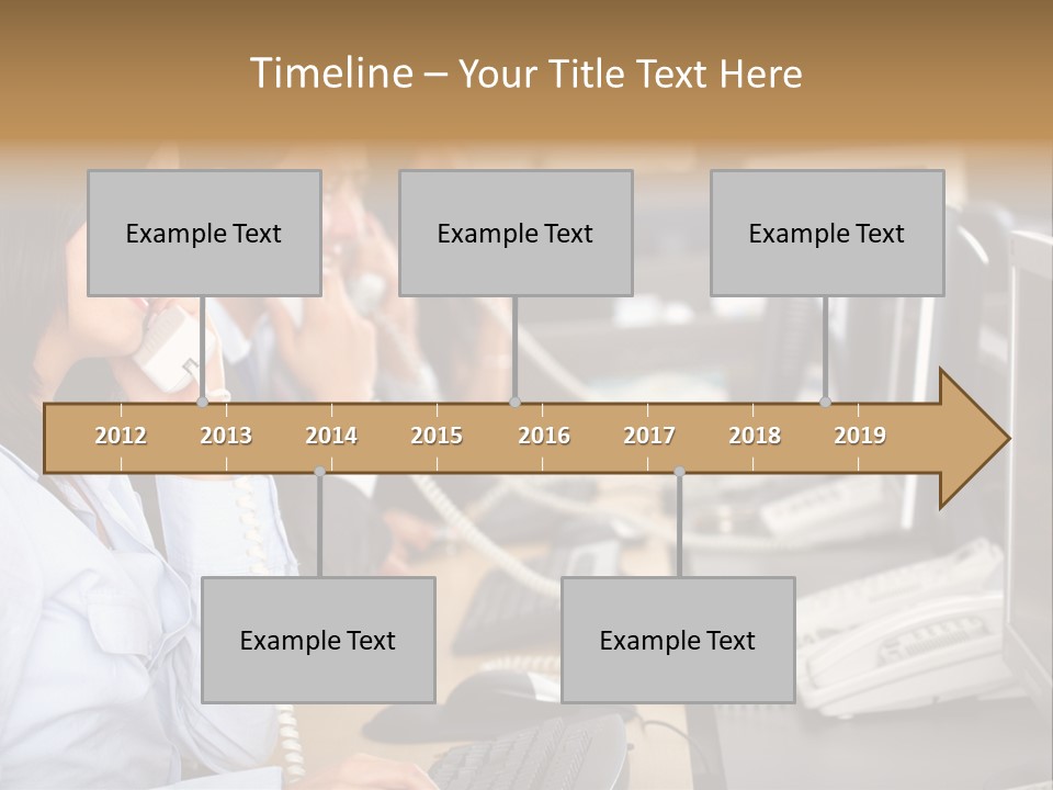 A Group Of People Sitting At A Desk Talking On Telephones PowerPoint Template