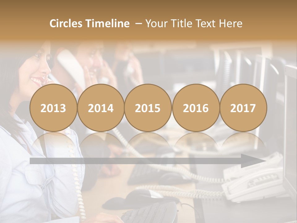 A Group Of People Sitting At A Desk Talking On Telephones PowerPoint Template