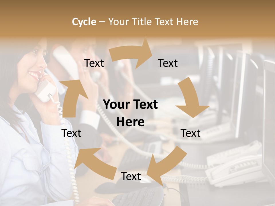 A Group Of People Sitting At A Desk Talking On Telephones PowerPoint Template