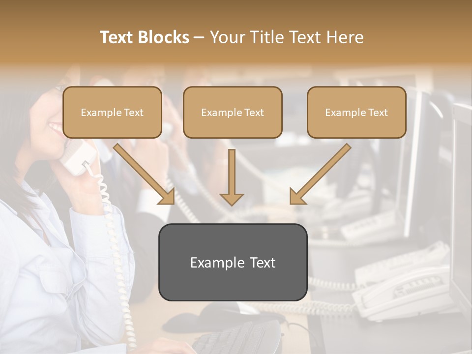 A Group Of People Sitting At A Desk Talking On Telephones PowerPoint Template