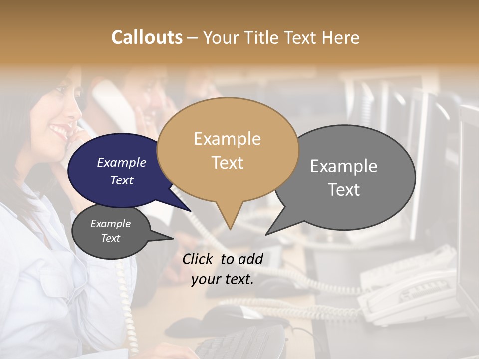 A Group Of People Sitting At A Desk Talking On Telephones PowerPoint Template