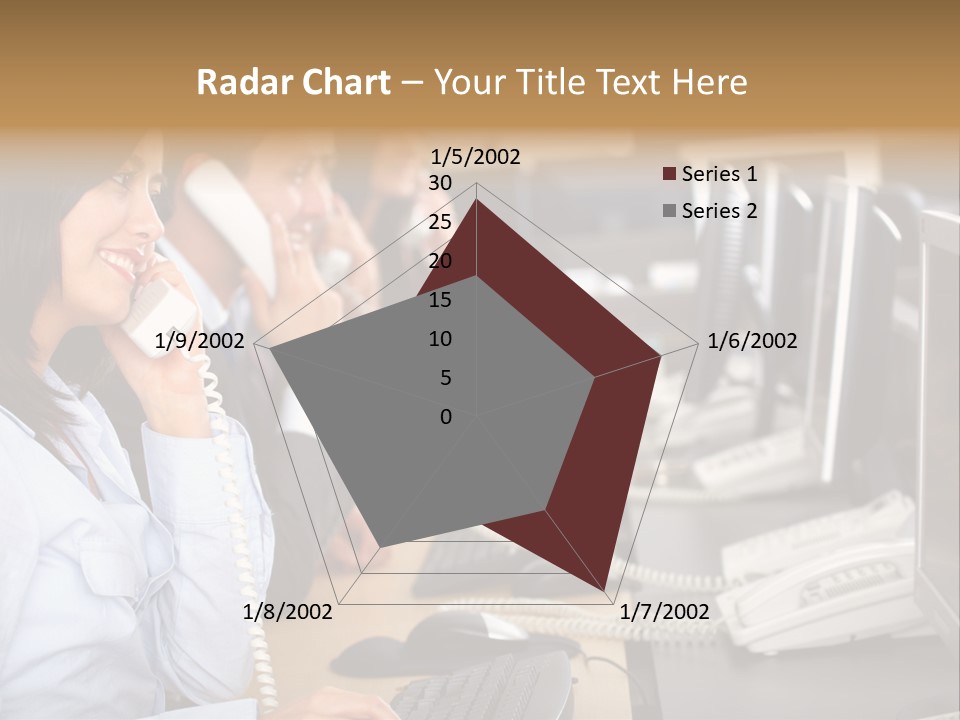 A Group Of People Sitting At A Desk Talking On Telephones PowerPoint Template
