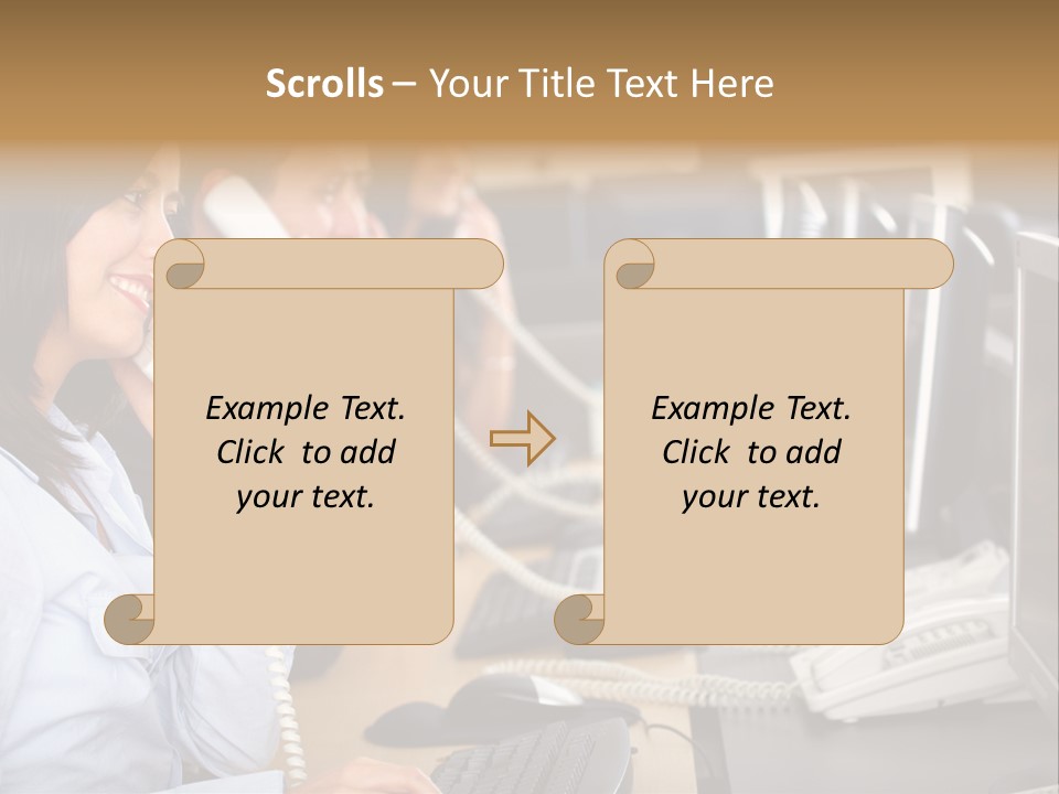 A Group Of People Sitting At A Desk Talking On Telephones PowerPoint Template