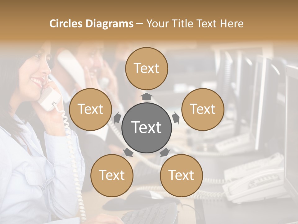 A Group Of People Sitting At A Desk Talking On Telephones PowerPoint Template