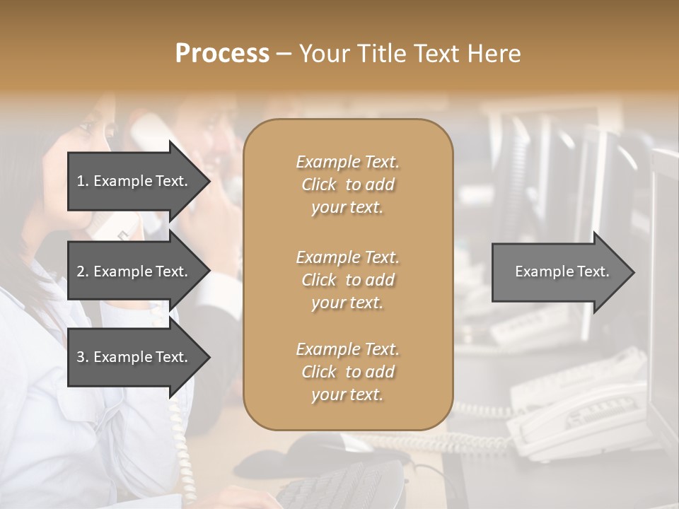A Group Of People Sitting At A Desk Talking On Telephones PowerPoint Template