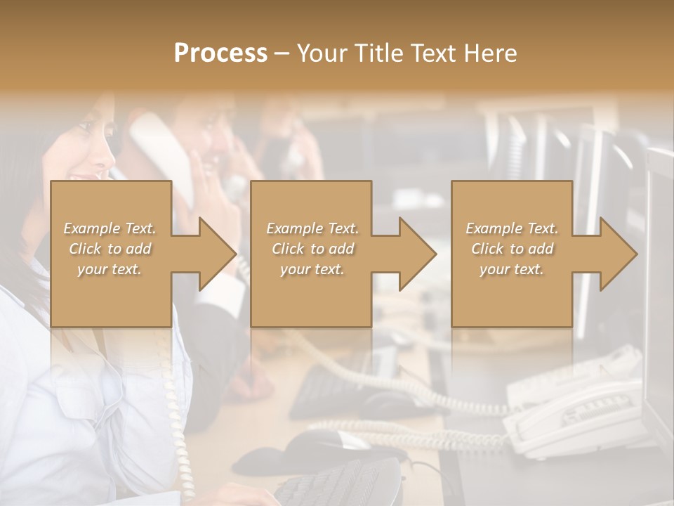 A Group Of People Sitting At A Desk Talking On Telephones PowerPoint Template