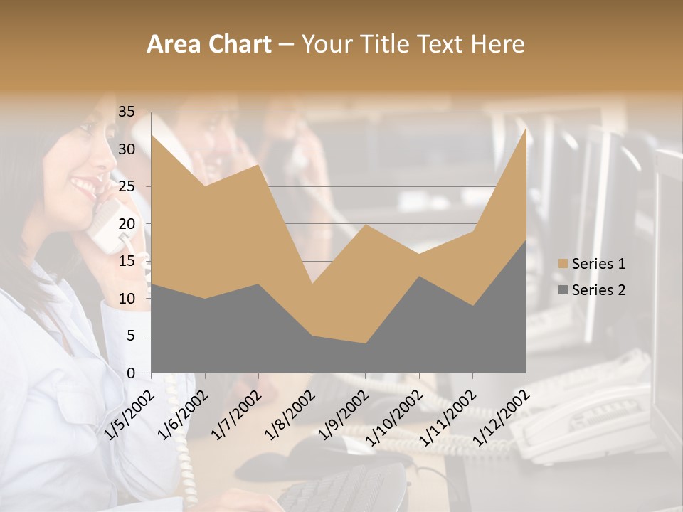 A Group Of People Sitting At A Desk Talking On Telephones PowerPoint Template