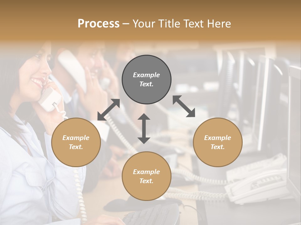 A Group Of People Sitting At A Desk Talking On Telephones PowerPoint Template