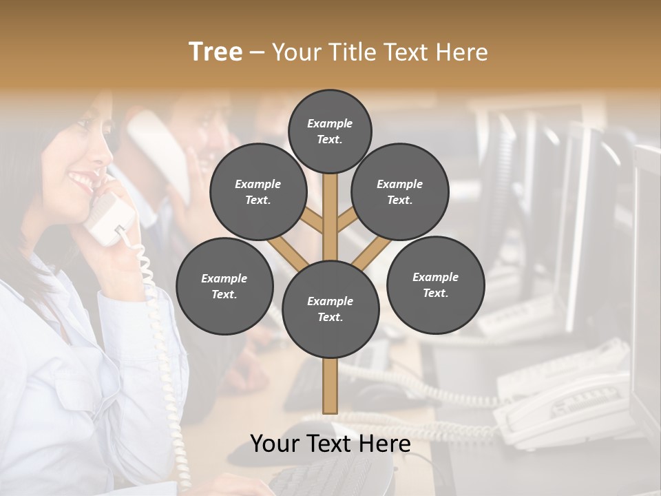 A Group Of People Sitting At A Desk Talking On Telephones PowerPoint Template