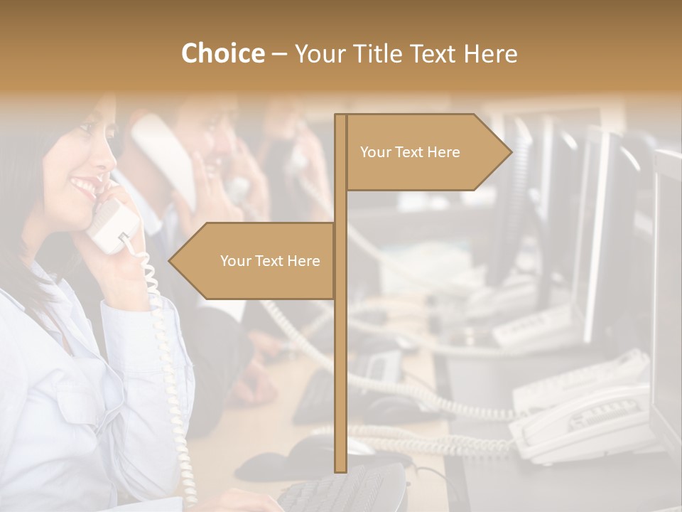 A Group Of People Sitting At A Desk Talking On Telephones PowerPoint Template