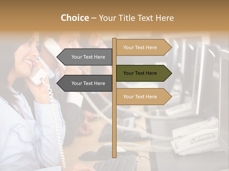 A Group Of People Sitting At A Desk Talking On Telephones PowerPoint Template