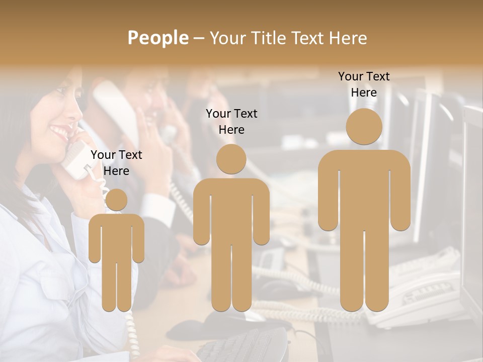 A Group Of People Sitting At A Desk Talking On Telephones PowerPoint Template